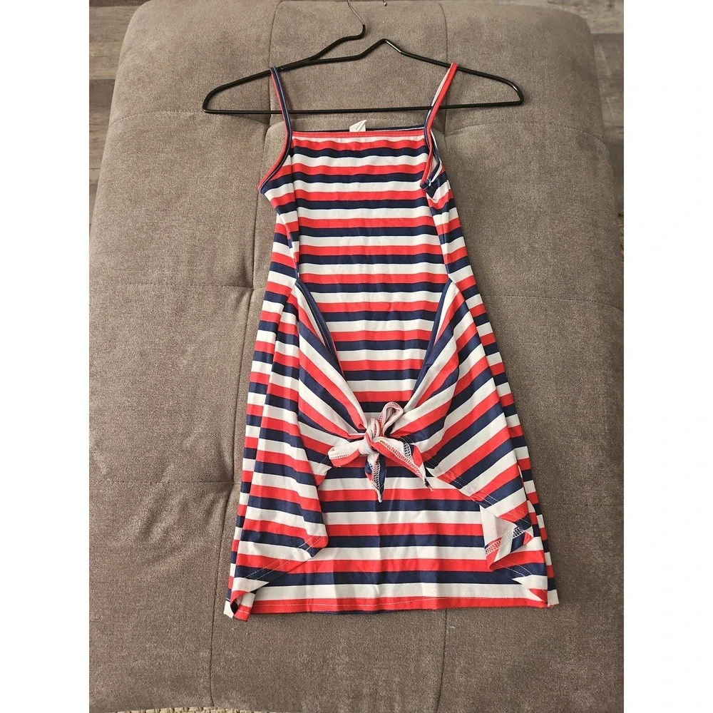 SHEIN Girls Size 9Y Patriotic Striped Dress Red White Blue Tie Front Nautical US